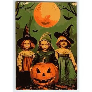 Vintage Halloween Postcard with Three Children and Jack-o'-Lantern Moon